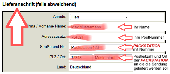 Lieferanschriftfeld beim Bestellvorgang